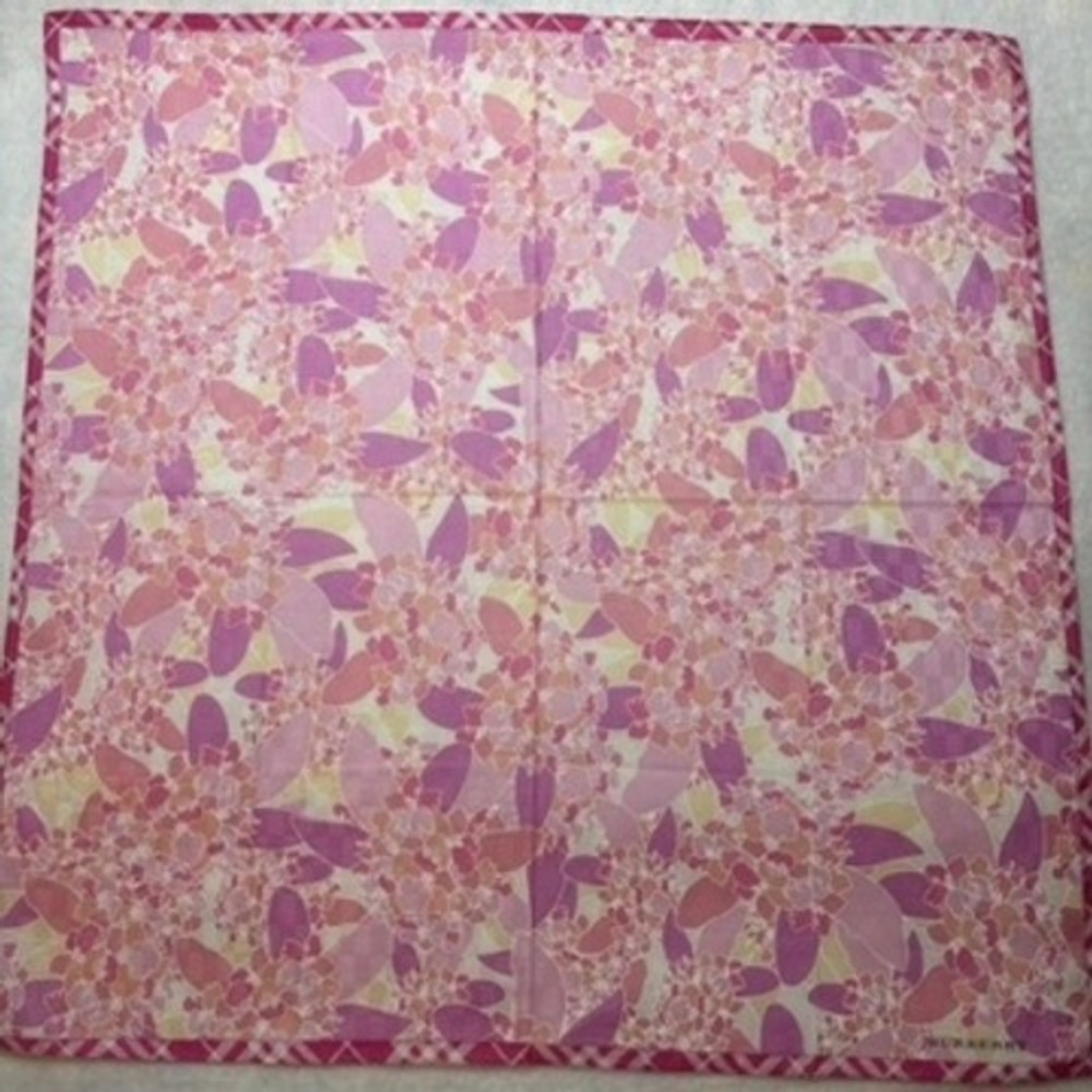 Vtg BURBERRY Scarf Handkerchief Floral Cotton Pink Purple 19.5in